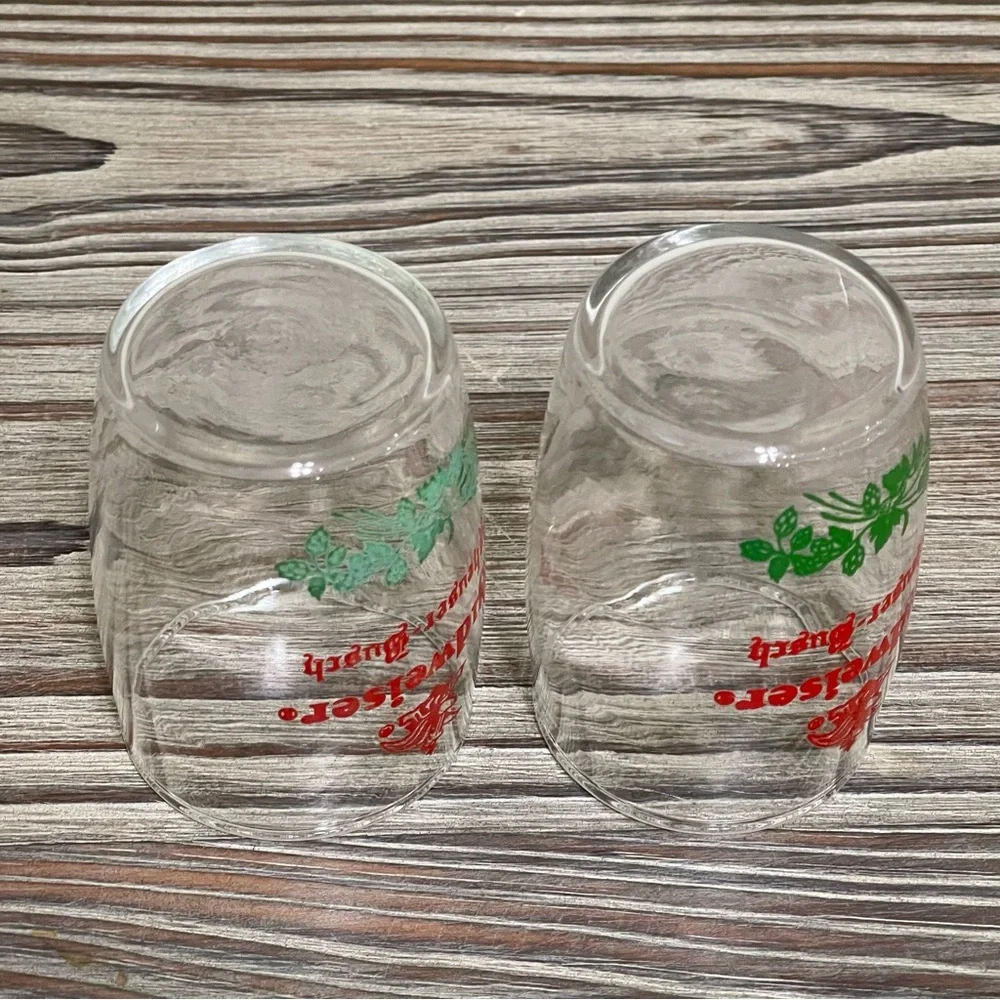 Budweiser Anheuser Busch Barrel Shaped Clear Glasses Set Red Eagle Logo 60s VTG